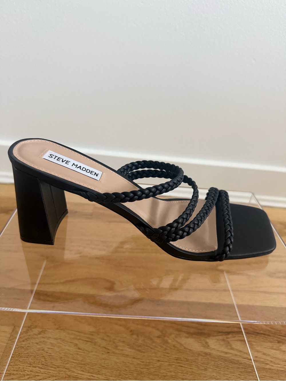 Steve Madden Black Braided Square Toe Block Heel Sandal 3.5 inch Size 11